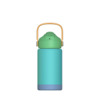 A drink bottle featuring a stainless steel design in green, blue, and orange, with a handle and a logo.