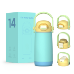 A drink bottle in mint green and yellow with a handle and a box, featuring a logo on the bottle.