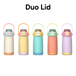 A drink bottle collection featuring pastel colours with a duo lid design. Each bottle has a handle and a logo.