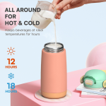 A drink bottle in pastel pink and beige with a stainless steel interior and a logo.