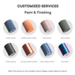 A collection of metallic drink bottle finishes including various colours like powder coating, gradient, and spray painting.