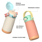 A drink bottle featuring a pastel colour scheme, ergonomic handle, pop-up lid, and silicone straw, with a durable plastic base.