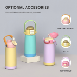 A drink bottle in pastel colours with various lid options. The bottle features a handle and has a logo.
