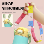 A drink bottle with a pastel blue and yellow design, featuring a detachable multi-coloured shoulder strap and a logo.