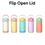 A drink bottle collection featuring five pastel-coloured stainless steel bottles with flip open lids and a logo.