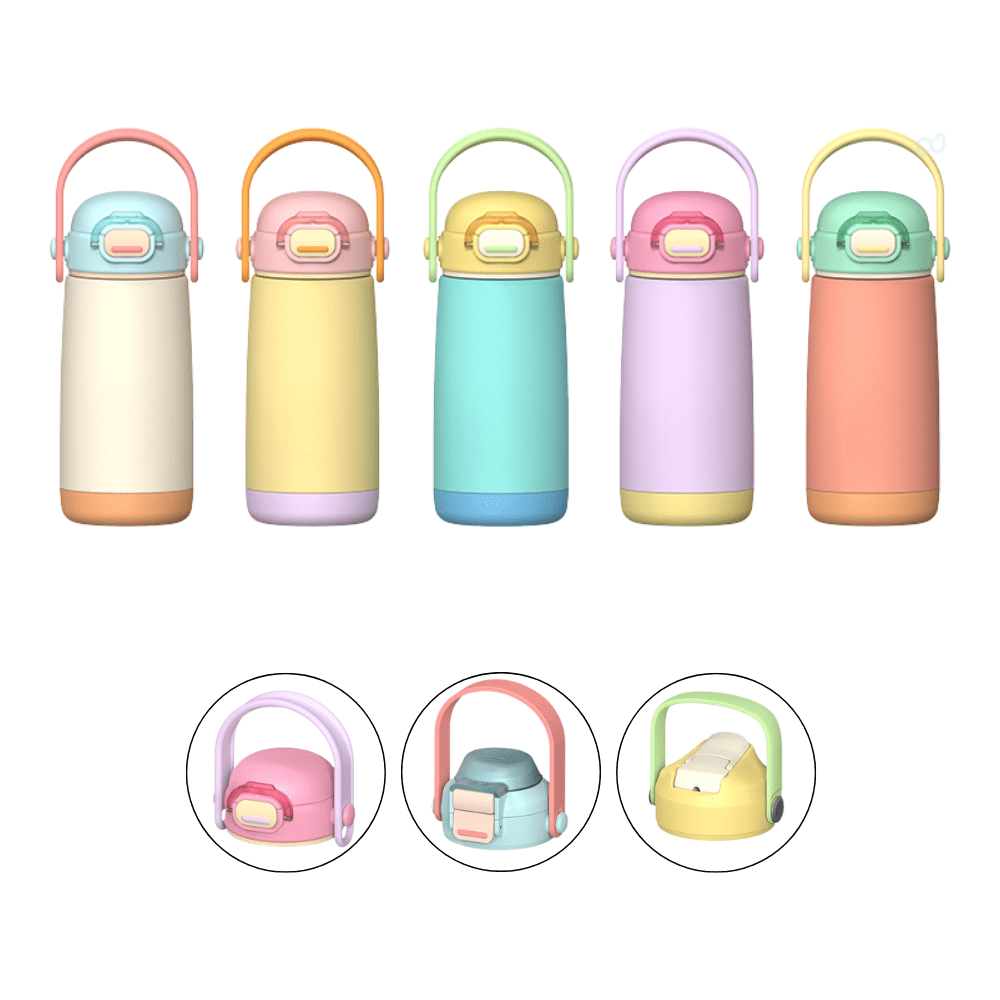 A drink bottle set featuring five pastel-coloured stainless steel bottles with removable lids and handles. Each bottle has a logo. A drink bottle set featuring five pastel-coloured stainless steel bottles with removable lids and handles. Each bottle has a logo.