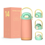 A drink bottle in pastel pink and mint green, featuring a handle and a lid, with an accompanying box in the background.
