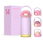 A drink bottle in pink and yellow, featuring a handle and a logo, with a box designed for kids' use.
