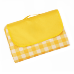 A yellow and white checkered picnic blanket, neatly folded with a matching yellow flap and carry handle.