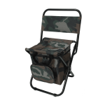 A camouflaged foldable camping chair with a cooler bag underneath and a sturdy black frame. The product includes branding.