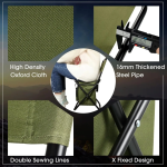 A green foldable camping chair with a cooler bag, featuring thickened steel pipes and high-density Oxford cloth.