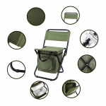 A green foldable camping chair with a cooler bag, featuring a black frame and various close-up details.