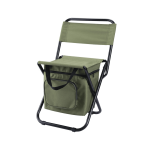 A green foldable camping chair with a built-in cooler bag and a black frame, featuring a zippered front pocket.