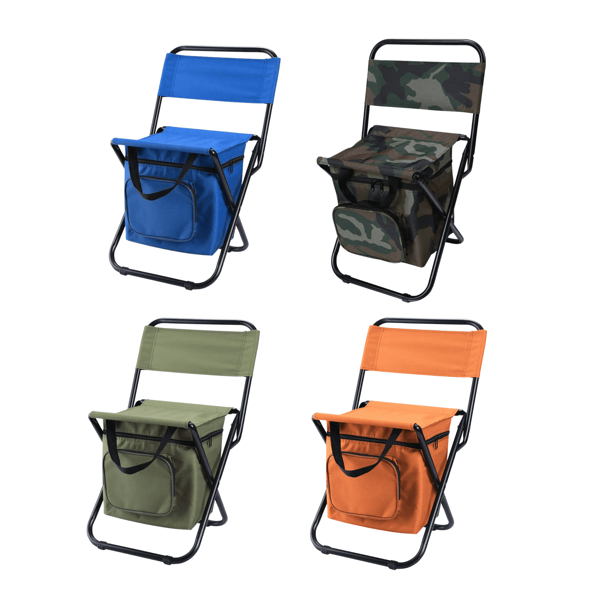 Four foldable camping chairs are displayed: blue, camouflage, green, and orange, each with a cooler bag attached. Four foldable camping chairs are displayed: blue, camouflage, green, and orange, each with a cooler bag attached.