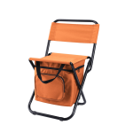 An orange foldable camping chair with a cooler bag attached, featuring a black metal frame and a front pocket.