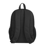A black backpack featuring padded straps and mesh side pockets, with a simple design and no visible branding.