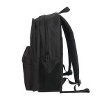 A black backpack featuring a mesh pocket, two zippers, and padded shoulder straps. It has a minimalistic design.