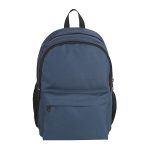 A navy blue backpack with a front pocket and black accents, featuring a logo on the front.