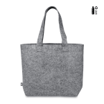 A grey felt shopper bag with two handles, featuring a logo, made from recycled PET materials.
