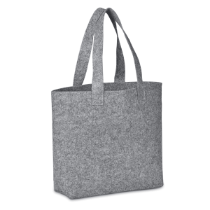 A grey felt shopper bag with two handles and a logo. The bag has a simple, structured design.