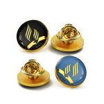 Custom enamel lapel pins in black and blue, featuring a gold base with a decorative logo design.