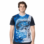 A men's polyester sublimated fishing tee featuring a vibrant fish design in blue and black colours, with branding.