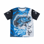 A blue and black polyester fishing tee featuring an illustration of a fish and a graphic design. It has a logo.