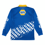 A blue long sleeve fishing polo with a yellow collar and a logo, featuring a checkered design on the back.