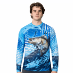 A long-sleeve fishing tee features a vibrant blue design with a fish graphic and a logo on the chest.