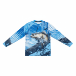 A long sleeve fishing tee in blue featuring a graphic of a fish and a textured design, includes a logo.