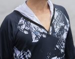 A 1/4 zip fishing hoodie in navy with a striking graphic design, featuring a hoodie and a branding logo.