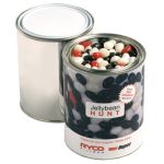 A tin filled with assorted jelly beans in red, black, and white, featuring a silver metallic surface and a print label.