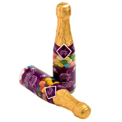 A drink bottle resembling a champagne bottle, filled with multi-coloured jelly beans and wrapped in gold foil. Champagne Bottle with Mini Jelly Beans 220g - Image 1