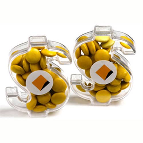 Acrylic dollar-shaped containers filled with yellow chocolate beans, featuring a logo on each. Acrylic Dollar with Choc Beans 40g - Image 1
