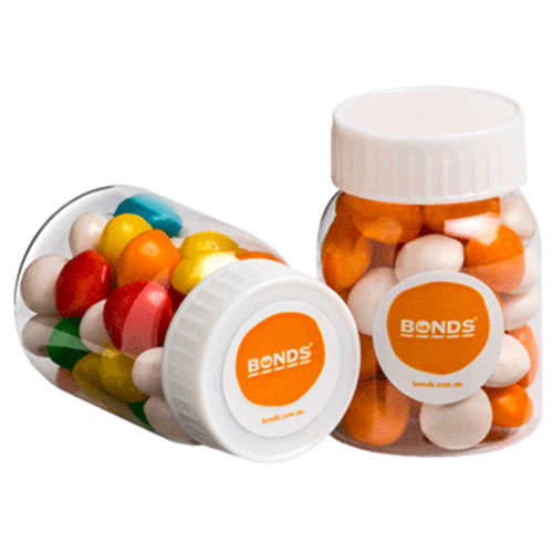 Two clear jars filled with colourful chewy fruit sweets, featuring orange, yellow, red, blue, and white pieces. Each jar has a lid and a logo. Baby Jar with Chewy Fruit 50g - Image 1