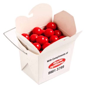 White Cardboard Noodle Box with Orange Choc Drops 100g