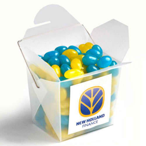 A frosted noodle box filled with yellow and blue jelly beans, featuring a logo on the front. A frosted noodle box filled with yellow and blue jelly beans, featuring a logo on the front.