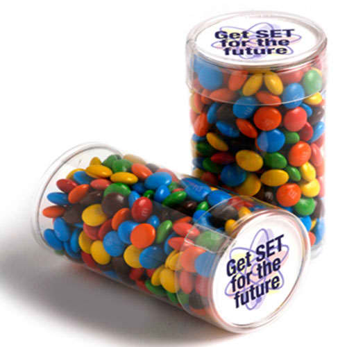 PET tubes filled with colourful M&Ms in blue, red, yellow, green, and brown, with a logo on the lid. Pet Tube with Mini M&Ms 100g - Image 1