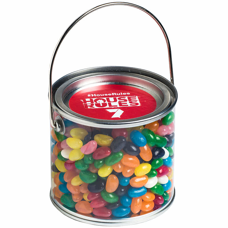 A medium PVC bucket filled with colourful jelly beans, featuring a metal handle and a branded lid. Medium PVC Bucket with Mini Jelly Beans 400g - Image 1
