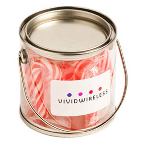 A small clear PVC bucket filled with red and white candy canes, featuring a branding label. Small PVC Bucket with Candy Canes x10 - Image 1