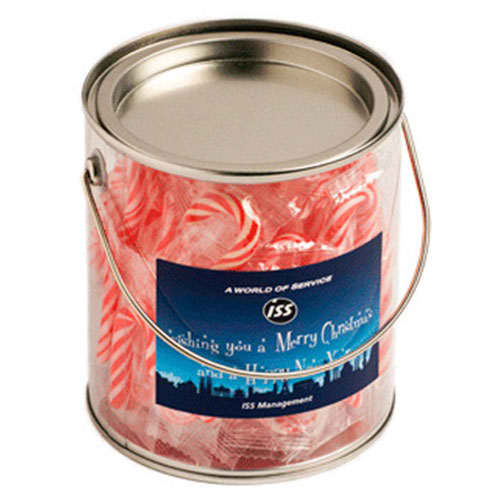 A metallic bucket filled with red and white striped candy canes, featuring a branding label. Big PVC Bucket with Candy Canes x40 - Image 1