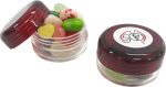 A clear screw cap jar in red with assorted JELLY BELLY jelly beans inside, featuring one logo on the lid.