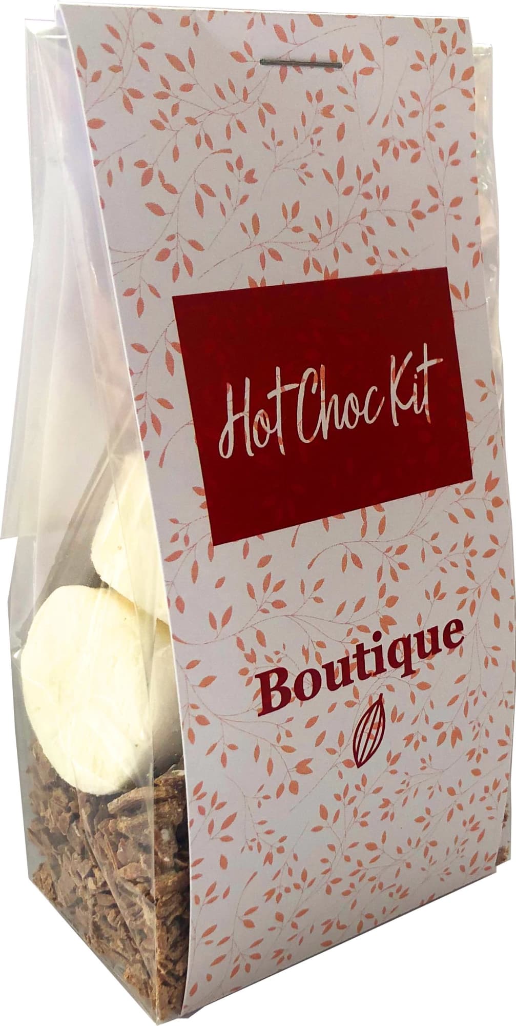 A clear bag containing chocolate flakes and marshmallows, with a decorative label featuring floral motifs in red and white. A clear bag containing chocolate flakes and marshmallows, with a decorative label featuring floral motifs in red and white.