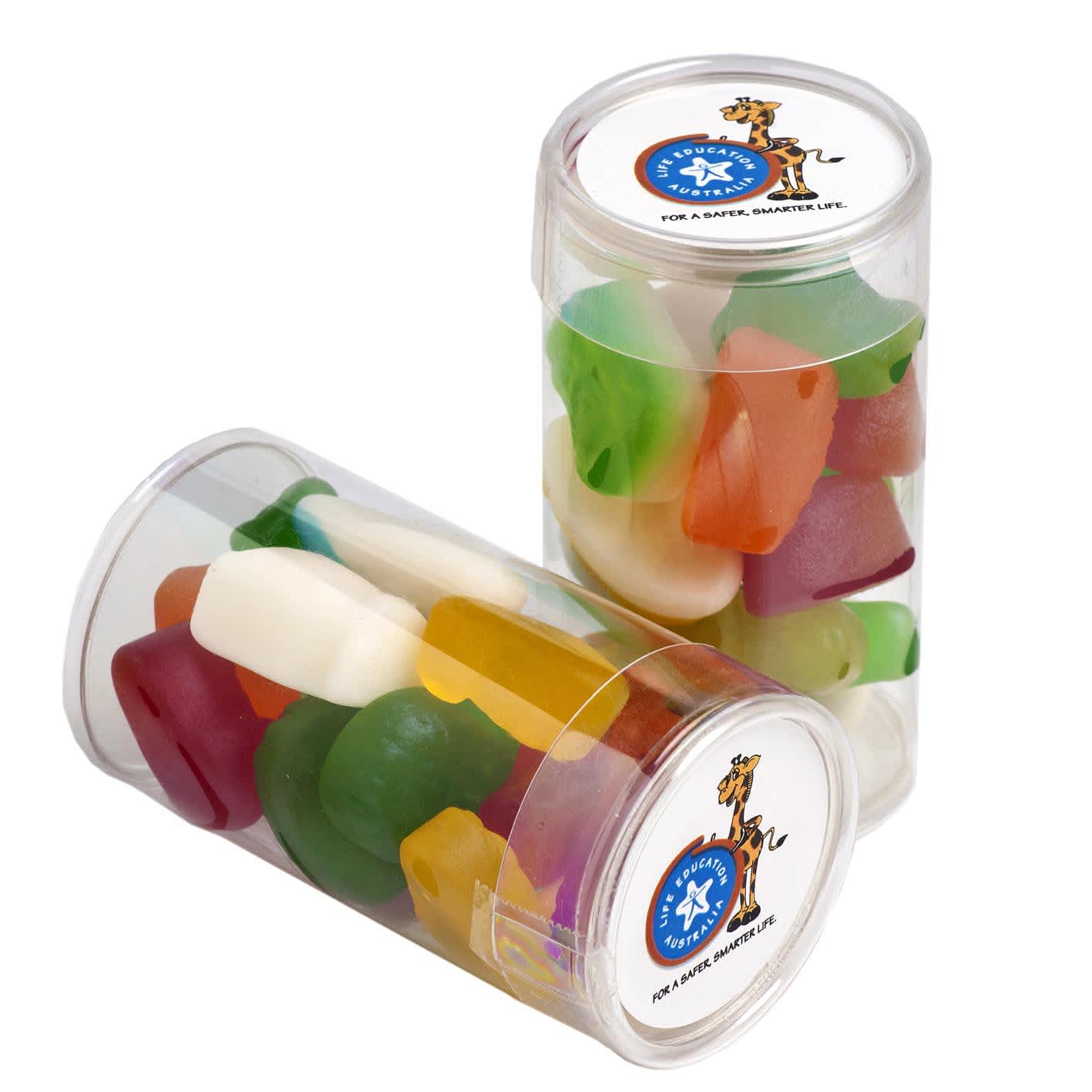 Two clear tubes filled with assorted mixed lollies in various colours, including red, green, yellow, and white. Two clear tubes filled with assorted mixed lollies in various colours, including red, green, yellow, and white.