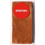 A rectangular chocolate bar with a smooth surface, featuring a prominent red circular logo.