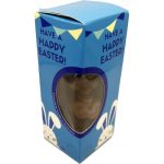 A blue cardboard box containing a chocolate Easter Bunny, with a transparent heart-shaped window.