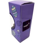 A purple cardboard box with Easter egg designs, featuring a clear window to display chocolates inside.