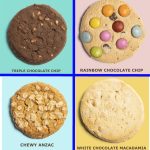 A selection of cookies, including Triple Chocolate Chip, Rainbow Chocolate Chip, Chewy Anzac, and White Chocolate Macadamia, displayed on pastel backgrounds.