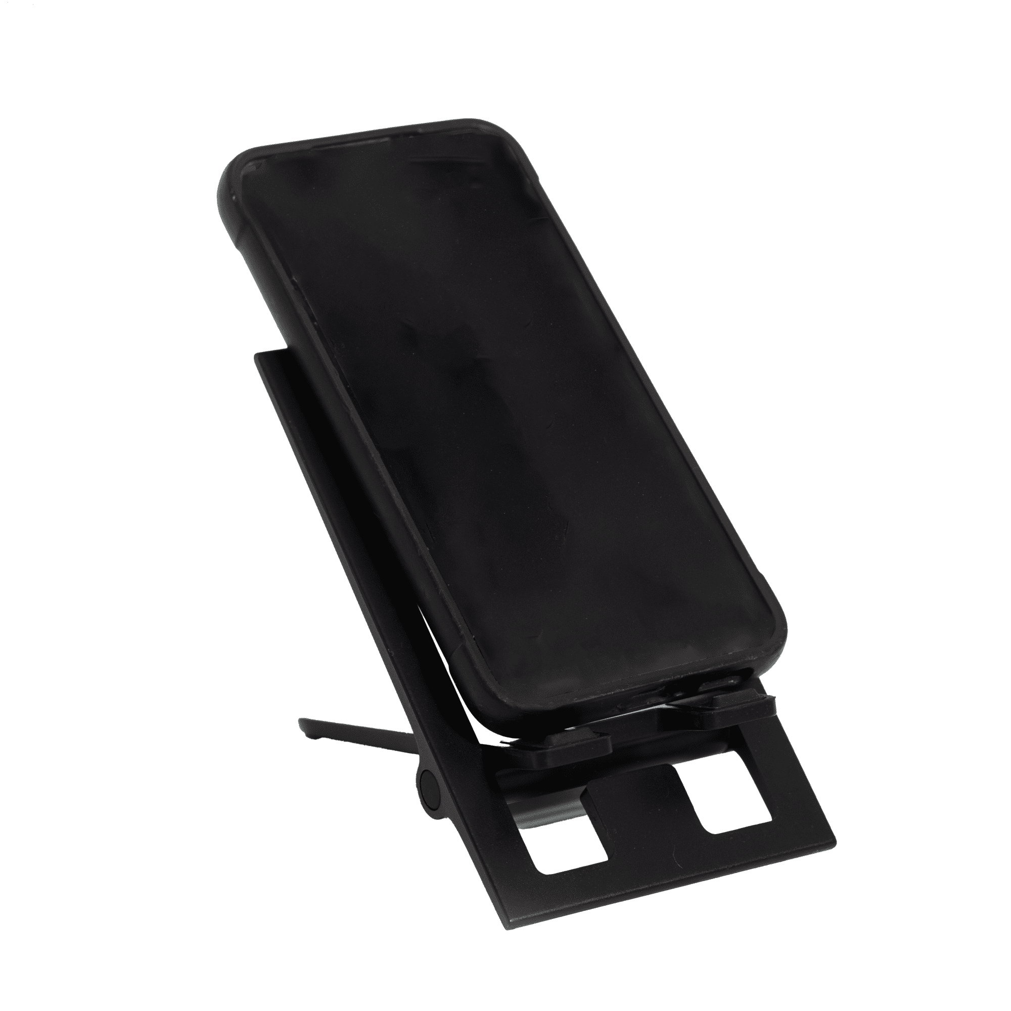 A foldable phone stand in black, featuring adjustable angles and a sleek design for device support. The Felix Foldable Phone Stand - Image 1