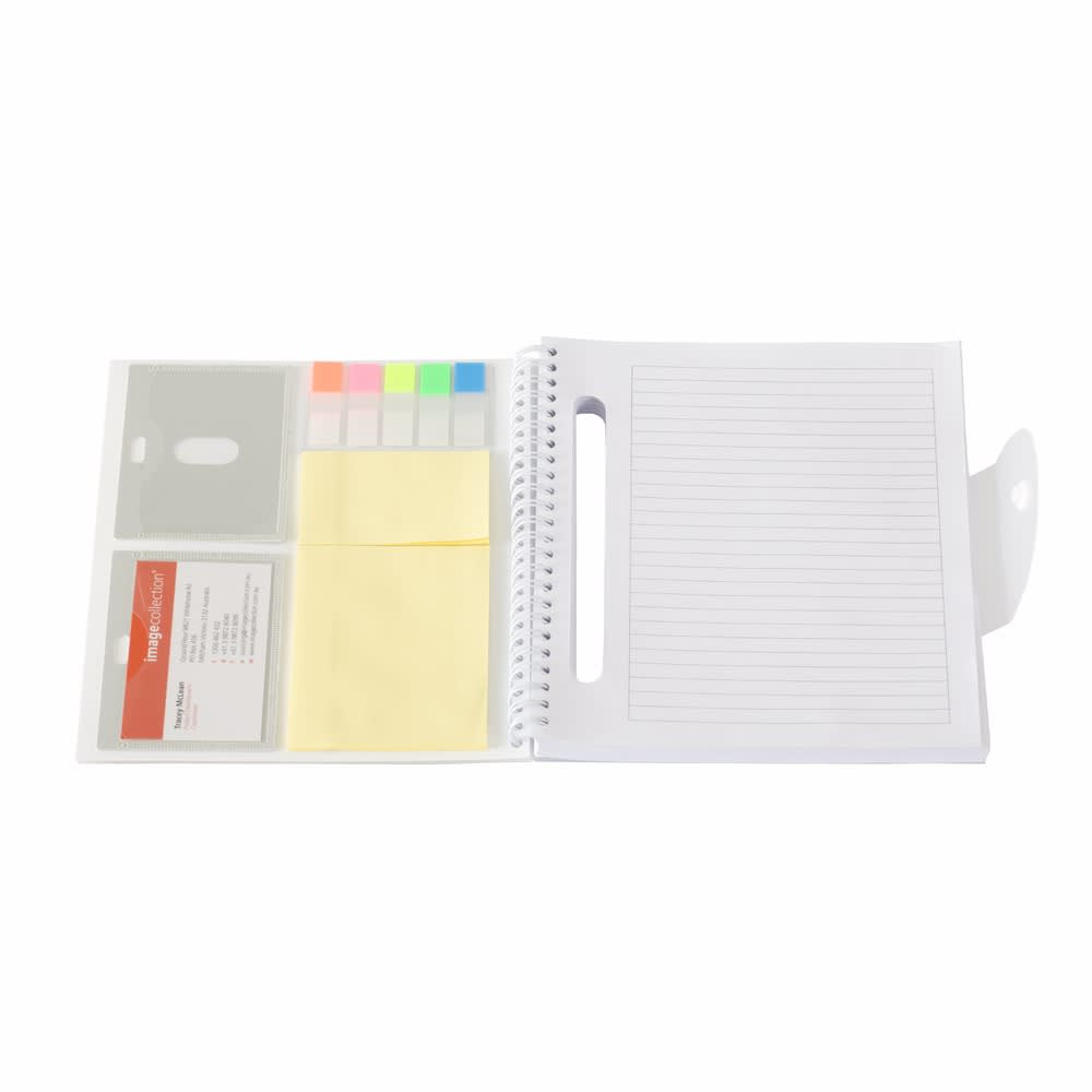 A spiral-bound notepad with lined pages, sticky notes, and assorted coloured tabs. It features a logo on the cover. Frosty Notepad - Image 1
